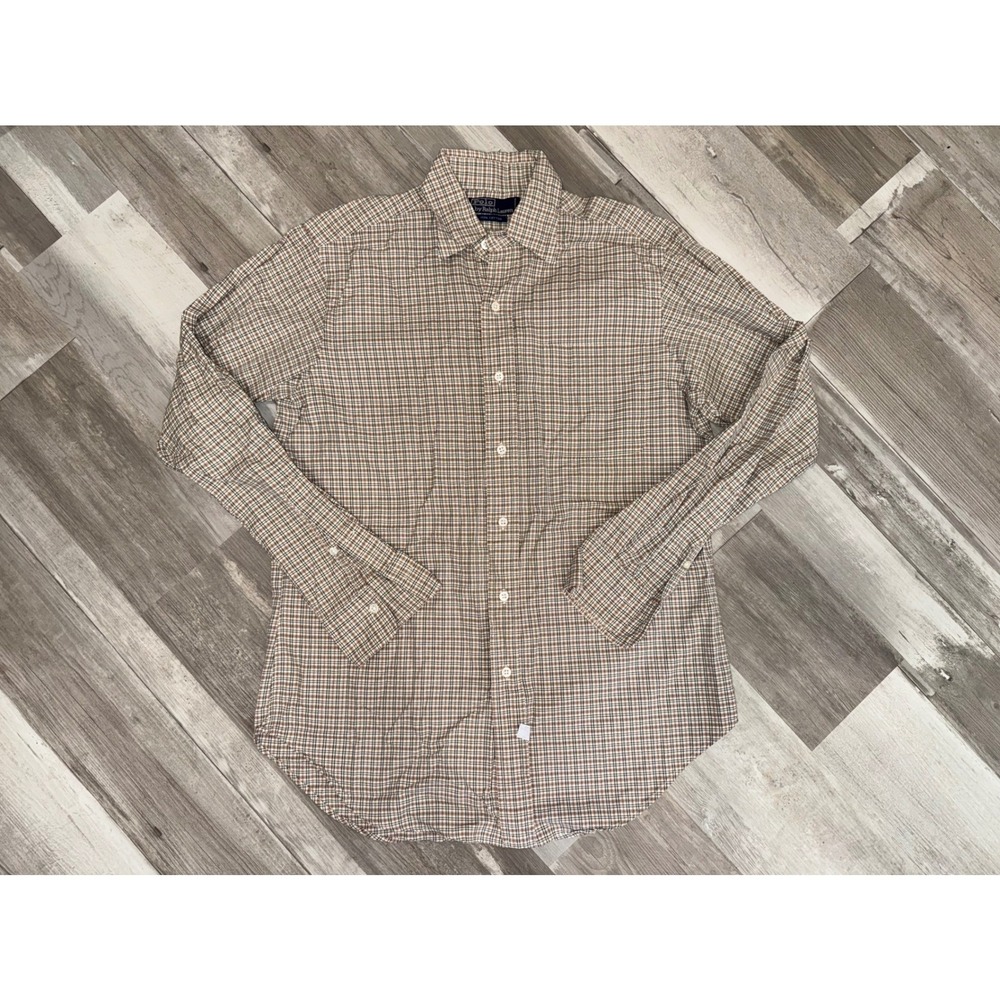 Polo Ralph Lauren Button Down Men Brown Tan Green Plaid Cotton Shirt 15-34